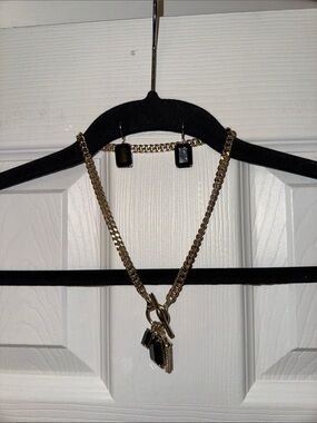 Gold Chain Bracelet and Black Stone Earring Set